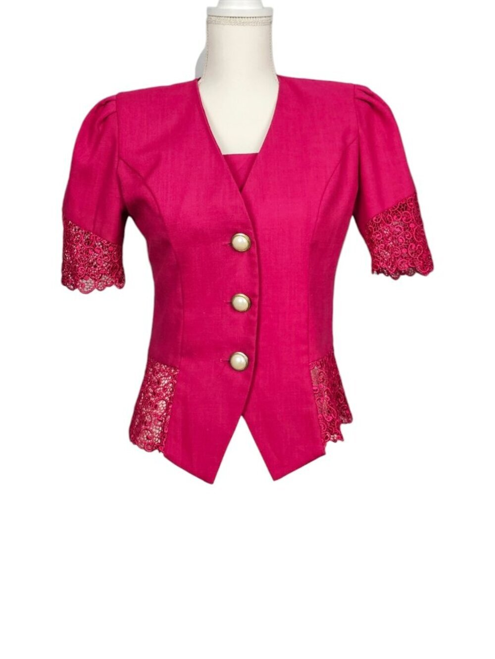 S.L. Fashions Vintage 80s Fuchsia Pink Puff Sleeve Lace Accent Peplum Button Top